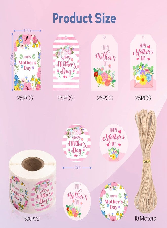 TREACLUB 600PCS Happy Mother's Day Gift Tags and Stickers, 4 Styles Floral Hanging Labels with String 500PCS 1.5” Adhesive Labels for Mother's Day Business Personal Decorative Gift Wrapping - Image 2